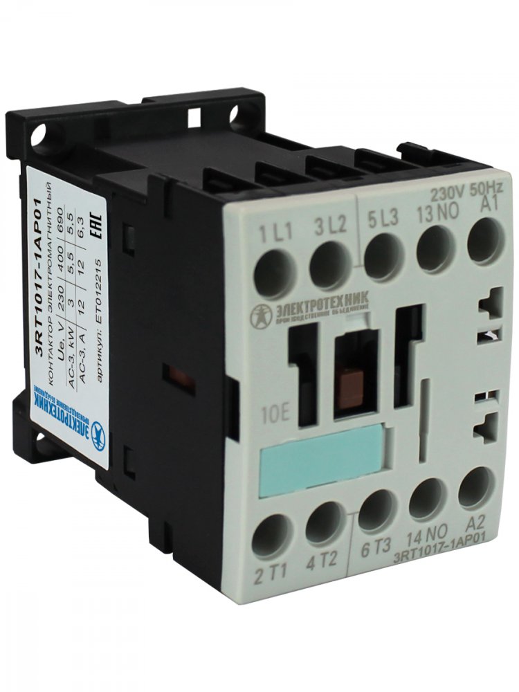 3RT1017-1AP01,3-пол.,12A,AC-3,5,5кВт/400V,1НО,230V AC,50/60Гц,типоразмер S00,винтовые клеммы,IP20 ЭТ