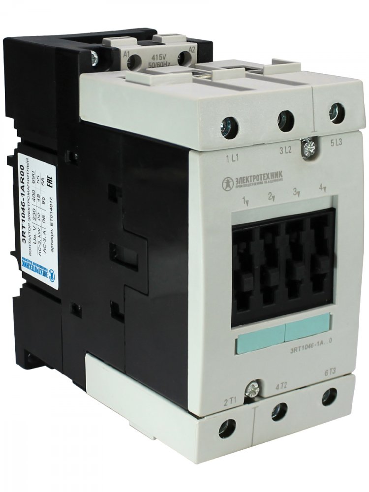 3RT1046-1AR00, 3-пол., 95A, AC-3, 45кВт/400V, 415V AC, 50/60Гц, типоразмер S3, винтовые клеммы, IP20, контактор электромагнитный  (ЭТ)