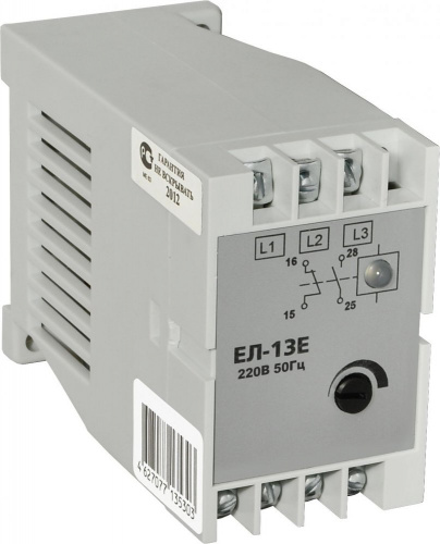 Реле контроля трехфазного напряжения ЕЛ-13Е 380В 50Гц задержка срабатывания 0,1…10с, ток контактов исполнительного реле 5А, 1з+1р, УХЛ4